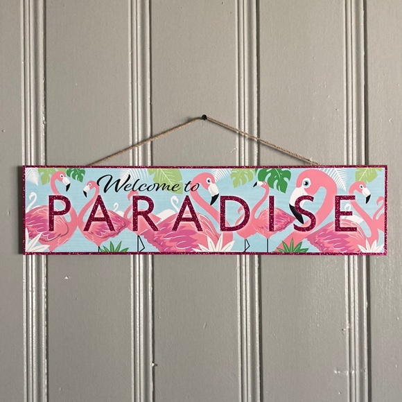 NWT Hot Pink Glittered Welcome To PARADISE Tropical Wooden Home Decor Sign - Picture 1 of 14